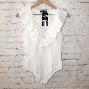 Revolve Central Park West Miami Ruffle Lace Up Bodysuit White Size Small NWT